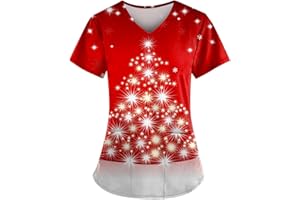 Saymany Kasack Damen Pflege Weihnachten Shirts Motiv Bunt T-Shirt Schlupfkasack Mit Taschen Kurzarm V-Ausschnitt Schlupfhemd Berufskleidung Krankenpfleger Uniformen Nurse Kasacks Damen Pflege