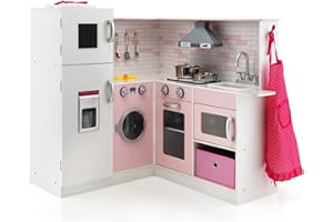 GOPLUS Cocina Juguete Grande de Madera con Luz y Sonido, Cocinita Infantil con Lavadora Horno Accesorios Divertidos, Cocinitas de Juguetes, Regalo para Niños más de 3 Años (Rosa)