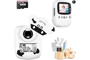FINE LIFE PRO Cámara Infantil, 30 MP, cámara instantánea para niños, impresión en Blanco y Negro, Foto con Pantalla de 1080P de 2,4 Pulgadas, cámara Digital para niños con Tarjeta TF de 32 G, Doble cámara, Blanco