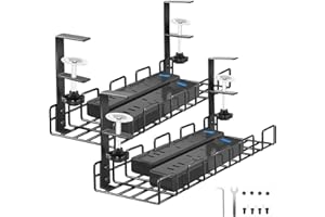 SEGNAYEN Under Desk Cable Management Tray No Drill, Cable Tray Under Desk, Metal Standing Desk Wire Organizer Basket Clamp for Office Home Cord Tidy Rack, Black,2PCS