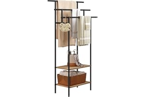 ‎EUGAD EUGAD Wieszak na ręczniki, czarny, z 3 drążkami, 2 półkami, ręczniki kąpielowe, ubrania, z metalu, materiał drewnopochodny