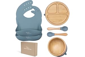 Baby Bamboo weaning Set Presented by Yum Yum's - Bamboo Plate and Bowl Set - Suction Bowl and Plate - Baby Feeding Set - Spoon Set for BLW - 2 Baby weaning Bibs - (Iceberg Blue)