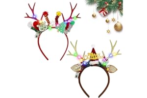 JOKILY 2 diademas de Navidad con cuernos de Navidad, diademas para el pelo, diademas de Navidad iluminadas con LED, diademas de Navidad para Navidad, fiestas