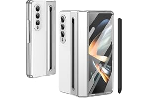 BAILI pour Galaxy Z Fold4 Étui avec Stylet et Emplacement pour Stylet, Protecteur d'écran trempé + Protection de charnière Housse en Cuir pour Samsung Galaxy Z Fold4-Blanc