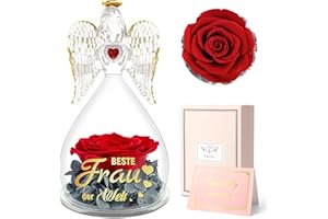 Sunia Geschenk für Frau, Beste Frau Geschenke, Engel Figur mit Spruch “Beste Frau der Welt”, Ewige Rose in Engel Glaskuppel, Ewige Blume Geschenk, Hochzeitstag Geschenke für Frauen, Geburtstag Frau