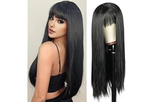 QUEENTAS 24In Long Black Wig Natural Straight Synthetic Hair with Bangs Long Wigs for Women Daily Use Cosplay Carnival (Natural Black)