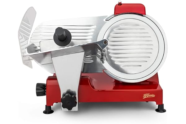 H.Koenig Trancheuse électrique à jambon,viande, saucisson, charcuterie MSX254, professionnelle, précise, épaisseur de la coupe 0-12 mm, lame italienne 25 cm, aiguiseur intégré, large plateau, 282 rpm