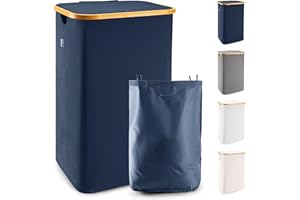 LONBET 100L Cesto Ropa Sucia con Tapa y Estructura de Bambú - Cubo Ropa Sucia Estético con Bolsa Extraíble, Asas Cómodas y Tela Transpirable para Uso Diario Eficiente - Laundry Basket, Azul