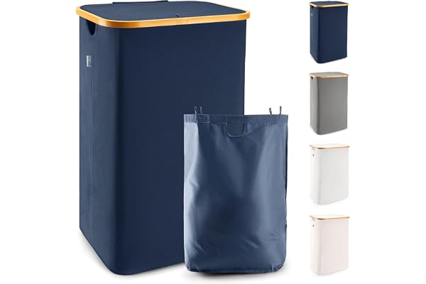LONBET 100L Panier a Linge avec Couvercle et Cadre Bambou Robuste - Paniere a Linge Sale Esthétique avec Poignées Latérales et Tissu Respirant - Panier à Linge Sac Amovible, Bleu