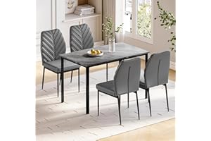HELLO-5IVE Dining Table and Chairs Set of 4, Modern Dining Table Set Kitchen Furniture, Marble Effect Dining Table with 4 PU Dining Chairs, 120x70cm Dining Room Set for Home (Grey&Grey Leaf Pattern Chairs)