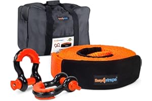 AUTOFONDER Easy4straps 75MMx9M Tow Rope with 3/4 Bow Shackle and Storage Bag 12T Heavy Duty Recovery Strap with Reinforced Loops Protective Water Resistant Sleeves High Strength 4x4 offroad Recovery Winch Strap