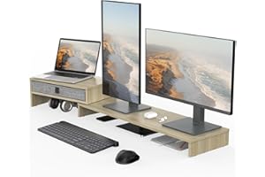 Fenge Dual Monitor Stand With Drawer - 2 Shelf Riser With Adjustable Length and Angle, Wood Stand for 2 Monitors, Laptop PC, Computer, Printer, Desktop Organizer, Oak