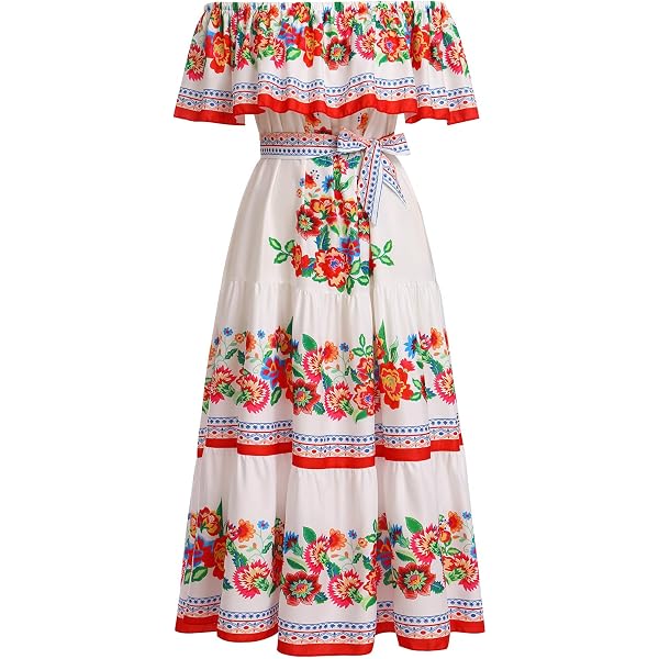 EFOGEP Robe mexicaine d'été bohème à imprimé floral avec épaules dénudées - Robe de fête traditionnelle bohème longue avec ceinture, noir/rouge, 3XL EFOGEP Robe mexicaine d'été bohème à imprimé floral avec épaules dénudées - Robe de fête traditionnelle bohème longue avec ceinture, noir/rouge, 3XL