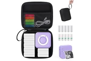 HUIJUTCHEN Mini Pocket Printer with Case, Mini Thermal Printer with 10 Rolls Thermal Paper, Mini Portable Photo Printer for Travelling, Journal, Memo, Photo, Study Notes (Lila)