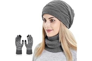 KIRAAT Damen Slouchy Beanie Schal Handschuhe Set für Mädchen Warme Strick Winter Ski Hut mit Fleece gefüttert