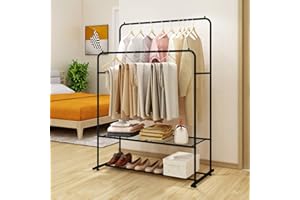 BOFENG Metal Garment Rack Heavy Duty Double Rail Clothes Rack Organizer 2-Tier Storage Shelf for Boxes Shoes Boots Commercial Grade Multi-Purpose