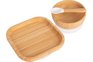 Tiny Dining Baby Dinner Set - Square - White - 3pc - Divided Non-Slip Bamboo Self-Feeding Baby Weaning Plate, Bowl & Spoon for Babies, Toddlers, Children