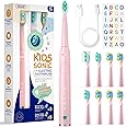 Seago Kids Electric Toothbrush Rechargeable, Children's Power Toothbrushes with Funny DIY Stickers, 2 Mins Smart Timer, 8 Replacement Brush Heads for Ages 3-12 Junior Boys Girls SG2303(Pink)