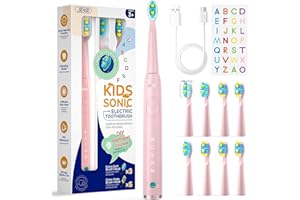 Seago Cepillo Electrico Infantil, Cepillo Dientes Electrico Infantil Recargable con Divertidas Pegatinas DIY, 8 Cabezal de Recambio, 5 Modes y Temporizador de 2 minutos, Rosa