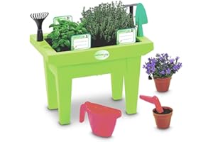 BURI Jardinera para niños con herramientas de jardín en verde, 12 piezas, mini jardinera para niños, jardinera de plástico sin bordes afilados, 30 cm de alto