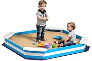 AIYAPLAY Sabbiera per Bambini con 4 Sedute Angolari, Sabbionaia in Legno con Fondo Aperto, Età 3-6 Anni, 133x133x16 cm, Blu e Bianco