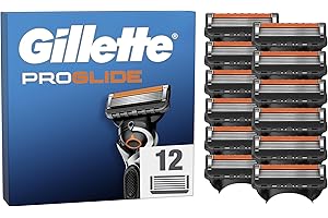 Gillette Lot De 12 Recharges De Rasoir Pour Hommes Proglide, AUTHENTIQUES, Cartouche A 5 Lames Ultra-Affutées, Nouvelle Lubrification, Bande Lubrifiante x2, Rasage Du Visage Flexible, Carton