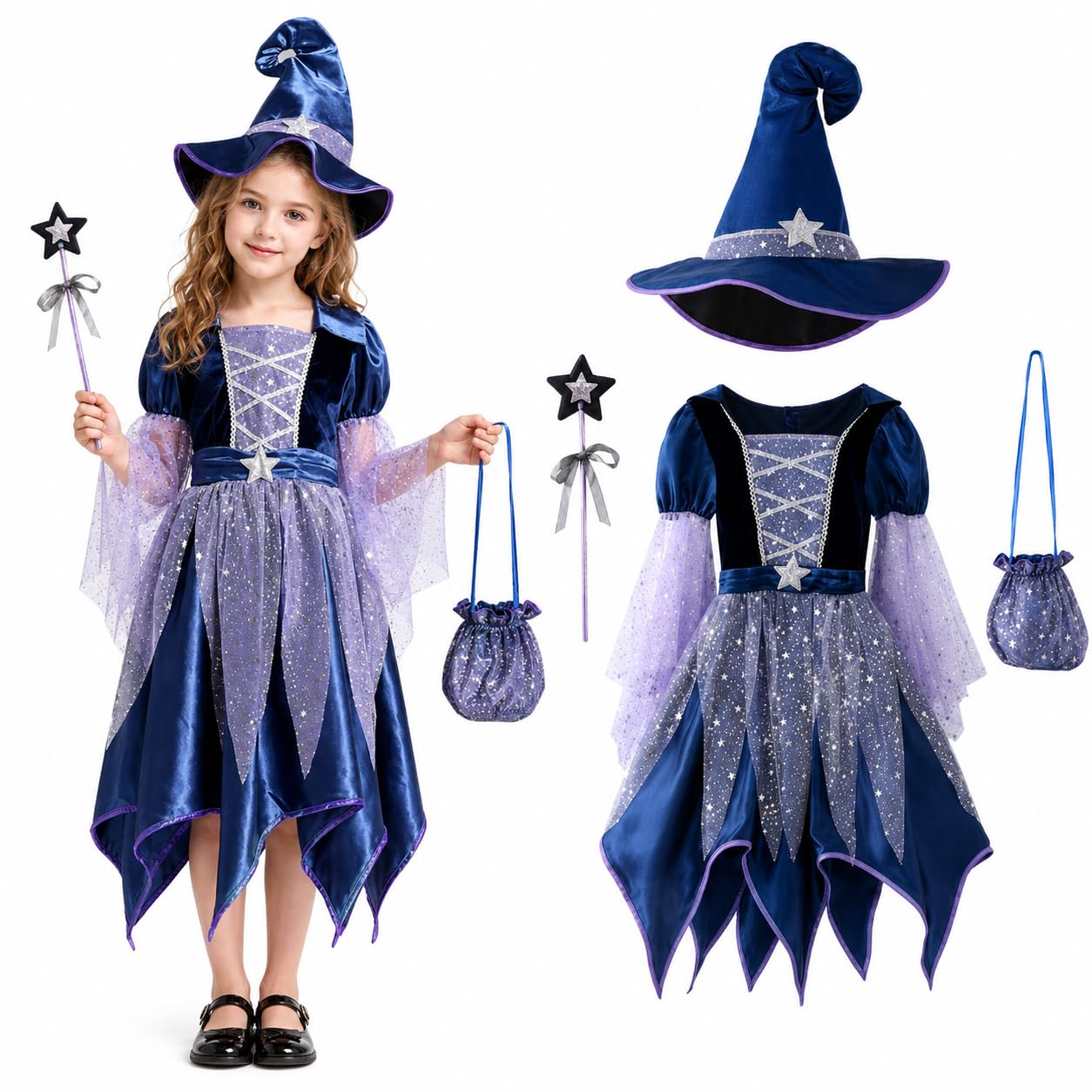 Vestito Halloween Bambina Strega, Vestito Strega Bambina Costume Halloween Accessori Set 4 Pezzi con Vestito, Cappello, Bacchetta e Borsetta, per Halloween Carnevale Spettacolo, Festa 4-15 anni