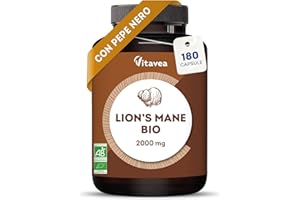 Lions Mane 2000 mg – Estratto 30:1 di Fungo Criniera di Leone BIO (Hericium Erinaceus) – 180 Capsule Vegane con Pepe Nero – Integratore per Memoria, Concentrazione e Difese Immunitarie – Vitavea
