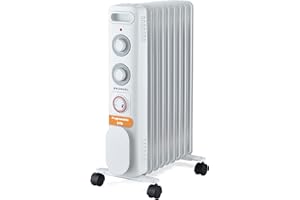 GRUNKEL RD-2000S Radiador de Aceite, 2000W-2500W, 9 Elementos, 3 Niveles de Potencia, Temporizador 24h, Termostato Regulable, Ruedas Multidireccionales