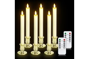 YMing 6 Flameless Taper Candles with 6 Metal Candlesticks - 2 Remotes & Timer, Dimmable LED Real Wax Fake Candles (Battery Operated) - 3D Wick for Halloween, Christmas, Wedding, Home Decor