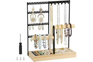 XiYee Présentoir à Bijoux, Porte-Boucles d'Oreilles Porte Bijoux avec Plateau et Crochets pour Chaînes Boucles d'Oreilles Bagues Bracelets Montres (Noir)