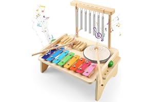 AM ANNA Kids Drum Set, Montessori Musical Instruments Toys for Kids,Wooden Xylophone for Toddlers with Baby Drum Set and Wind Chime,Musical Toys Birthday for Children Ages 3-6