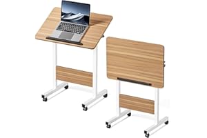 Warmiehomy Height Adjustable Table with Wheels, Rolling Laptop Table with 90° Tilting Desktop, Mobile Overbed Table for Bed and Sofa Foldable Desk for Home Office Living Room 60x40x65-87cm, Oak