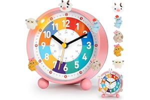 PIXESTT Despertador Infantil, Reloj Despertador Infantil para Principiantes En La Escuela, Sin Sonido Tic-TAC, con FuncióN De Luz Nocturna Y FuncióN De RepeticióN, con 5 Adornos De Despertador