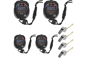 VAILEAL Sports Stopwatch Timer: 4 Pcs Large Display Digital Stopwatch with 4 Stainless Steel Whistles, Multi-Function Stopwatches for Swimming Running Sports Training Referee
