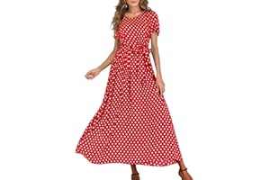 HAOLEI Maxi Dresses for Women UK Sale Clearance Polka Dot Short Sleeve Summer Dresses with Belt Evening Party Holiday Elegant Ladies Wedding Guest Dress Beach Boho Hawaiian Dress Sundress Long Dresses