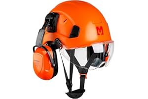 Mustbau Construction Hard Hats Ventilated Safety Helmet with Clear Visor,Hearing Protection,Earmuffs and Chin Strap,53 to 63 cm Adjustable Hard Hat for Forestry, Chainsaw, Industrial