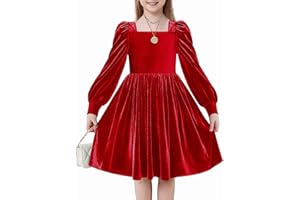 Arshiner Ragazze Abito Velluto Invernale Elegante Festivo con Collo Quadrato e Maniche a Lanterna Casual Maniche Lunghe Abito per Bambine 6-14 Anni