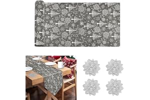 ADERTOS Camino de Mesa de Navidad, 28*275cm Mantel de Navidad Impresión, Camino de Mesa Navideño, Camino Mesa Copo de Nieve con 4 Posavasos para Decoración de Mesa Navideña