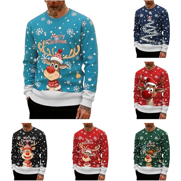 Pull De Noël Homme - Flocons, Rennes Et Verres à Vin - Col Rond - Sweatshirt Chaud Fêtes Hiver