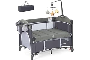 GENERIC Baby Travel Cot, 5 in 1 Foldable Baby Bedside Sleeper with Bassinet Diaper Changer Mattress Carry Bag Music Box Hanging Toys, Portable Crib Playard Pack and Play for Newborn Infant (Classic)