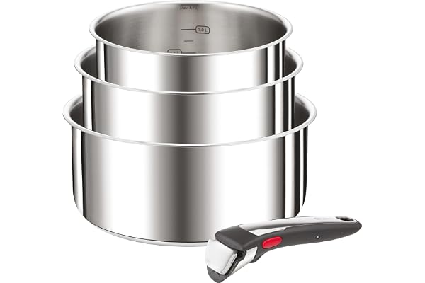 Tefal Ingenio Set med 4 delar, 16/18/20 cm kokkärl +1 avtagbart handtag, induktion, rostfritt stål, stapelbar, platsbesparand