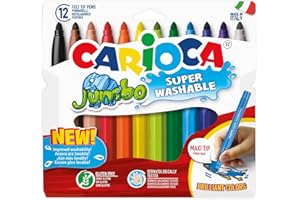 CARIOCA Pennarelli Jumbo Paperboard Wallet, Pennarelli Colorati per Bambini con Punta Maxi, Ideali per Disegnare e Colorare, Super Lavabili, Colori Assortiti, 12 Pezzi