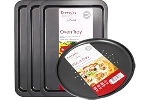 ODN GIFT SUPPLIES Pro Chef Baking Tray Set of 3 & Non Stick Pizza Tray Bundle | Trays Suitable for Oven Baking | Medium Oven Trays & 32cm / 12.5" Pizza Tray
