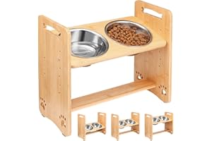Petbank Soporte para Mascotas Elevado Ajustable para Gatos y Perros con 4 Cuencos, comedero Elevado de bambú para Perros y Gatos y comedero para Agua con Cuencos de Acero Inoxidable