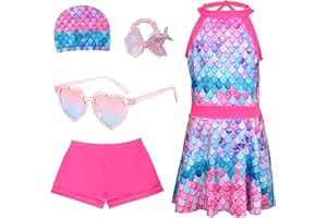 BITOYO Sirène Maillot Bain pour Enfants, Maillot de Bain pour Fille Équipé d'un Bonnet de Bain Enfant, De Lunettes de Soleil et d'un Chouchou décoratif pour Fille Vacances à la Plage Natation 5-12 Ans