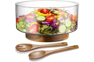 NiHome Salatschüssel Glas Set mit Salatzange aus Akazienholz, Salatschüssel Groß und erhöhter Stabilität, vielseitige Servierschale für Salate, Obst, Hauptgerichte