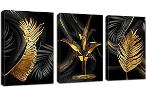 FajerminArt 3 Pcs Quadri Moderni Grande Stampa su Tela Con Cornice Foglia di Nero e Oro pittura su tela poster Decorazione Murale Soggiorno Camera da letto 120x60cm(40x60cmx3)