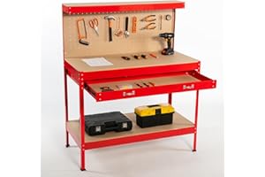 SwitZer New Red Steel Garage Tool Box Toolbox Work Bench Workbench Storage With Drawers Pegboard and 20 Pegs Shelf DIY Workshop Station
