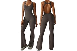 Litthing Womens Flared Jumpsuit Backless Bodycon One Piece Sleeveless Sexy Yoga Unitards V Neck All In One Jumpsuits Fitness Removable Padded Playsuit Hollow Racerback Gym Romper for Women